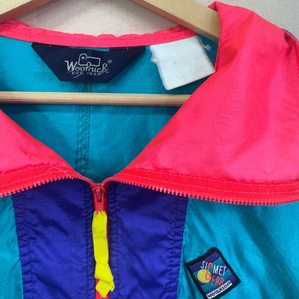 Woolrich Vintage Windbreaker Jacket Mens XL Teal Pink Colorblock 90s Retro Neon